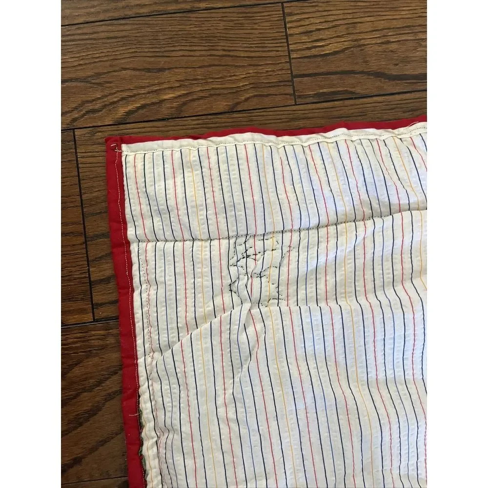 Vtg Quilted Baby blanket CHRISTMAS spell out Red Angels‎ Stockings Santa Striped